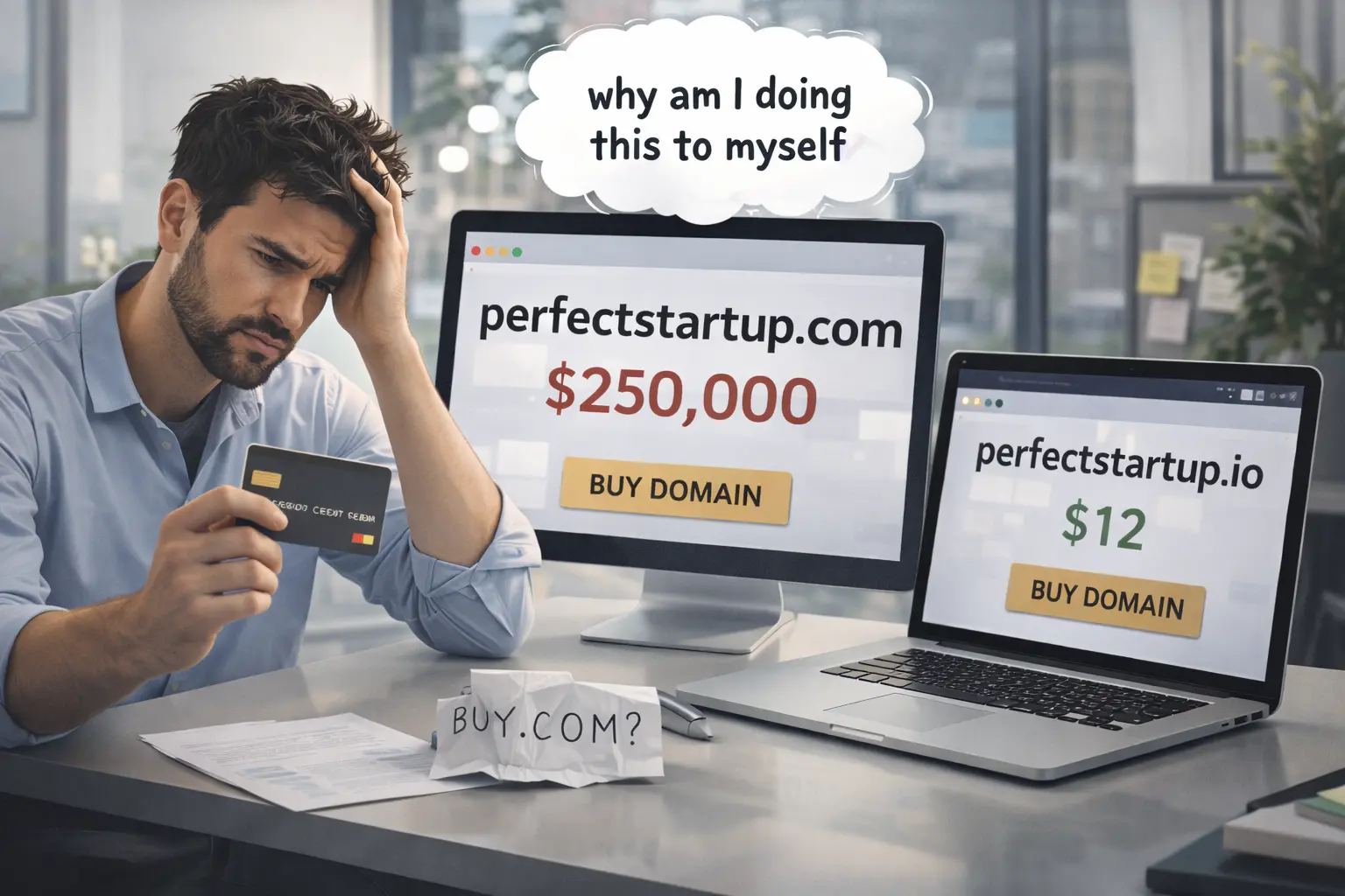 A frustrated founder comparing a .com listed at $250,000 with the same name in .io at $12