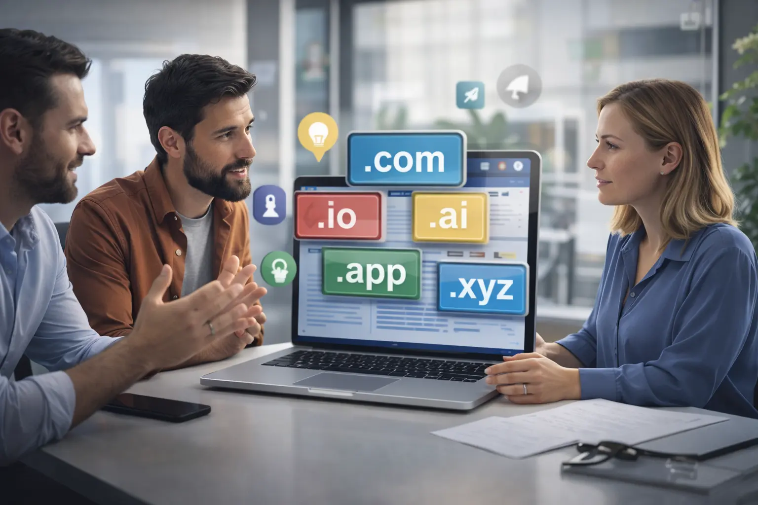 Three colleagues at a laptop weighing up .com, .io, .ai, .app and .xyz domain options