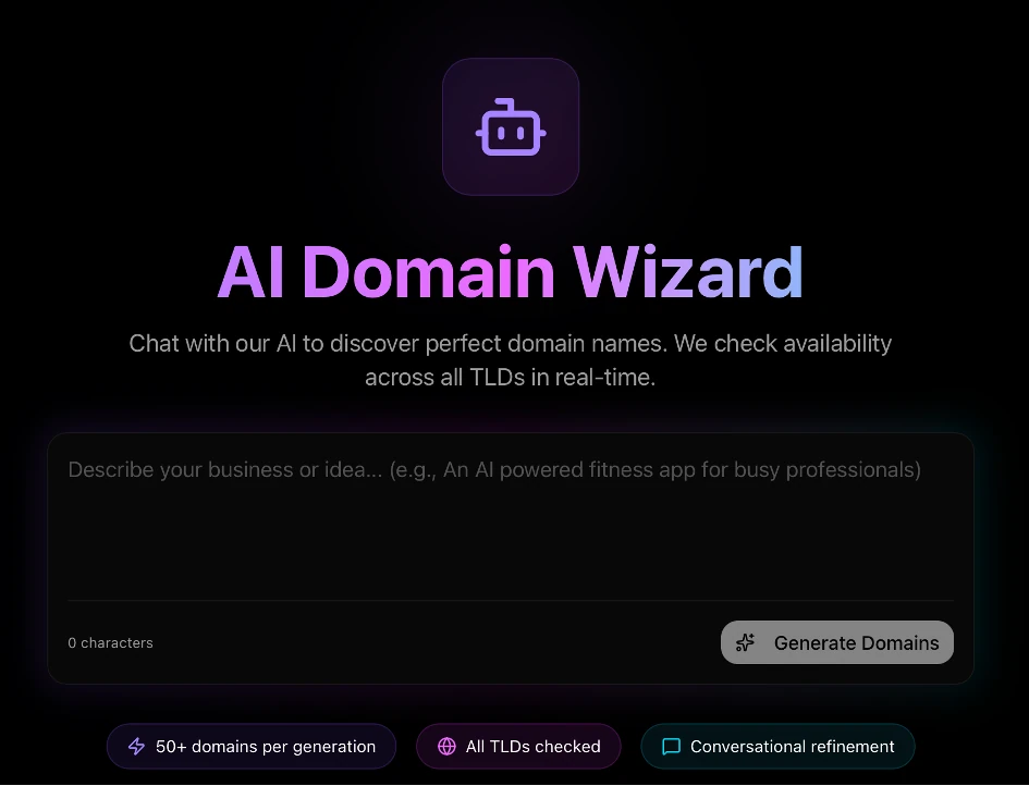 The AI Domain Wizard, where a described business idea is turned into available domain names