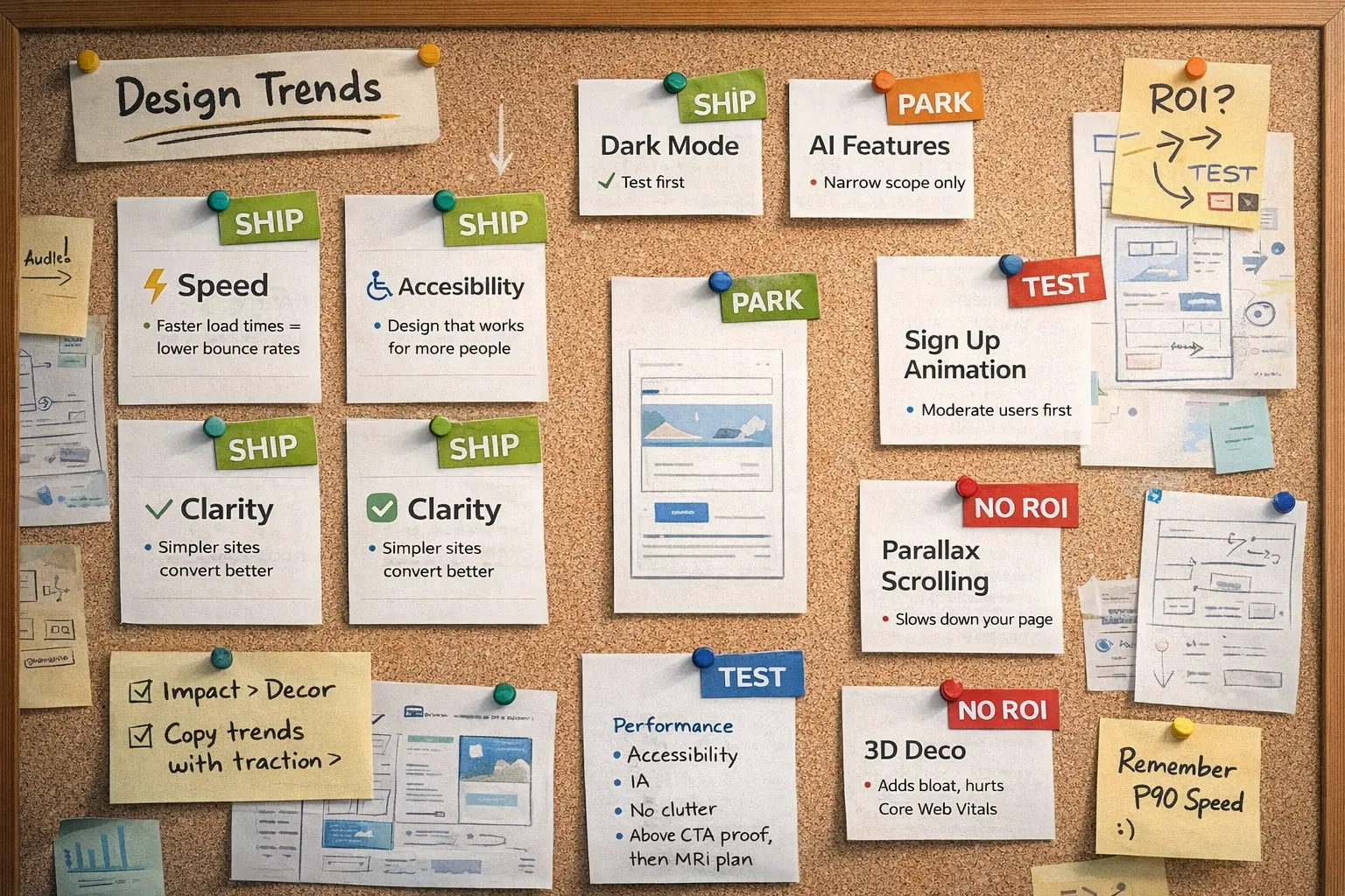 A corkboard of design trend cards sorted into ship, park, test and no ROI columns