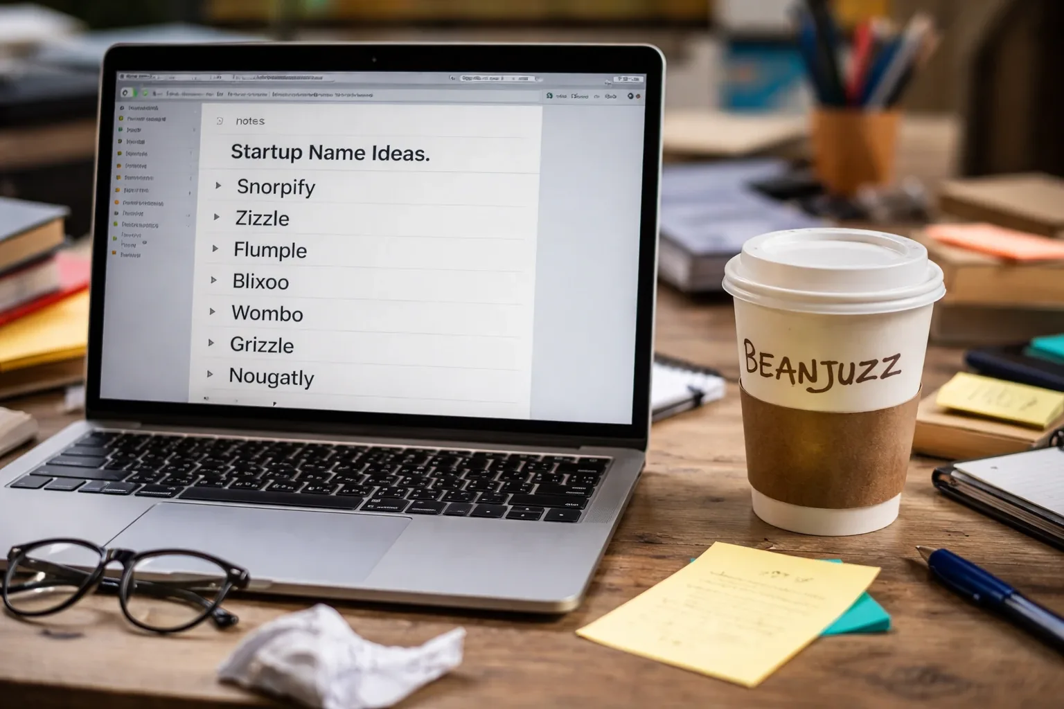 A laptop showing a list of invented startup names beside a coffee cup branded Beanjuzz