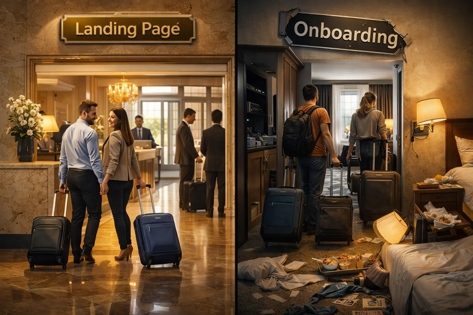A split scene contrasting a polished hotel lobby labelled Landing Page with a messy room labelled Onboarding