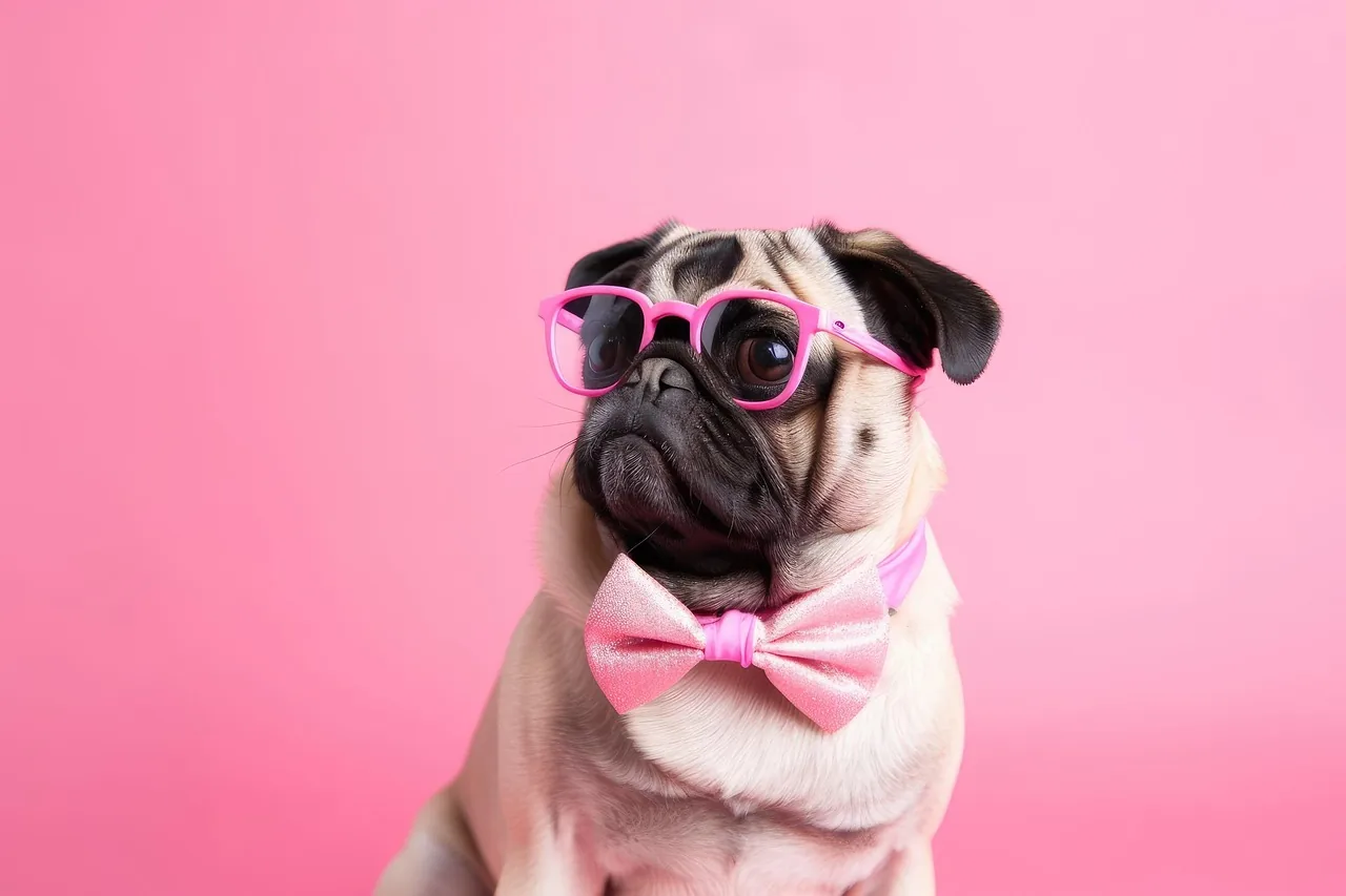 A pug wearing pink sunglasses and a pink bow tie against a pink background