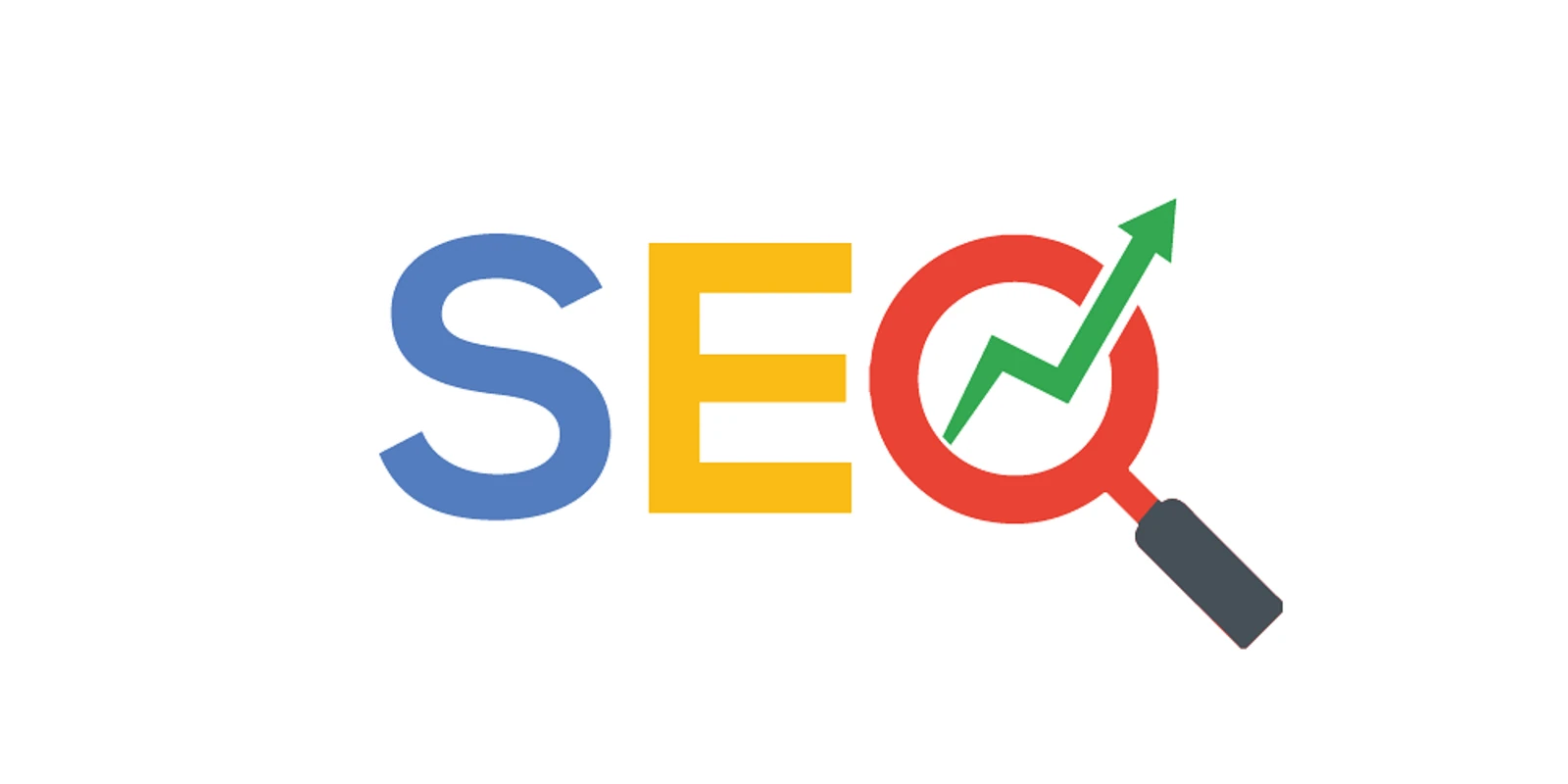 The word SEO in flat colours, with the O drawn as a magnifying glass containing a rising green arrow