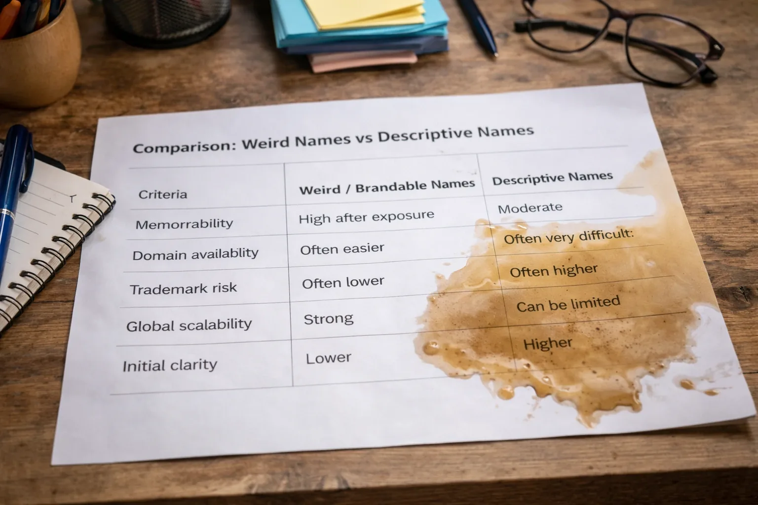A printed comparison table of weird brandable names against descriptive names, with a coffee ring across it
