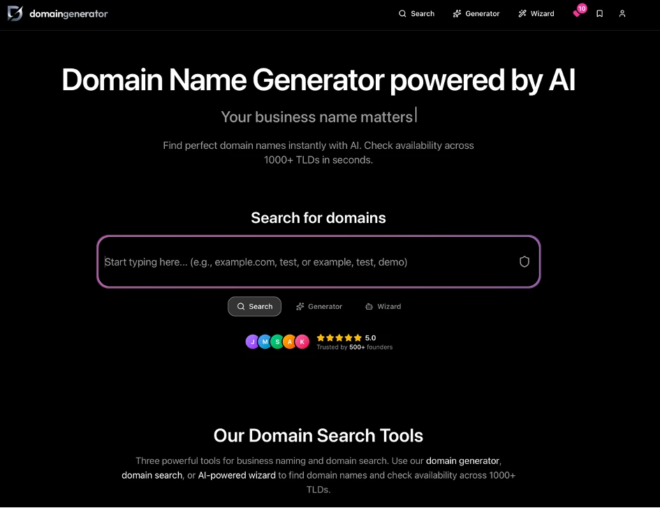The Domain Generator homepage, headed Domain Name Generator powered by AI above the search box