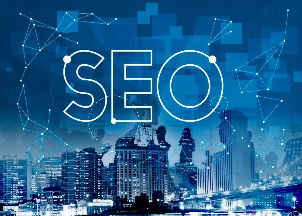 The letters SEO outlined over a blue city skyline overlaid with network nodes